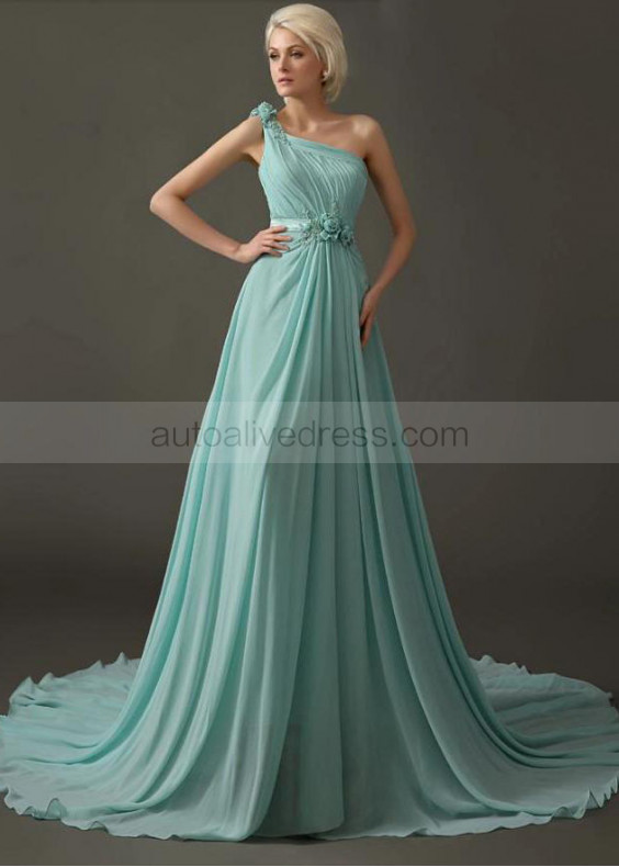 Beaded One Shoulder Mint Chiffon Modern Evening Dress